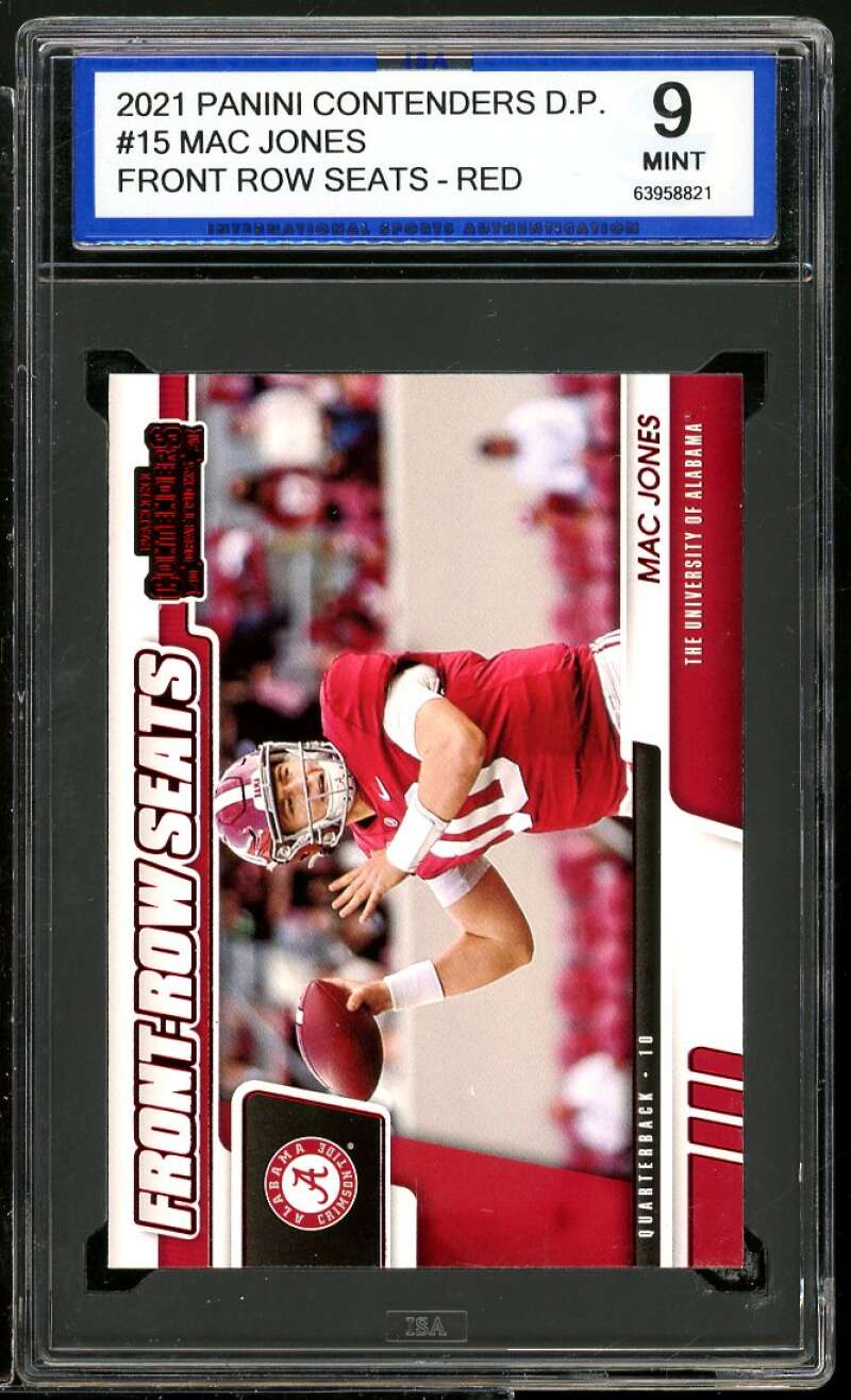 Mac Jones Rookie Card 2021 Panini Contenders D.P. Front Row Red #15 ISA 9 MINT Image 1