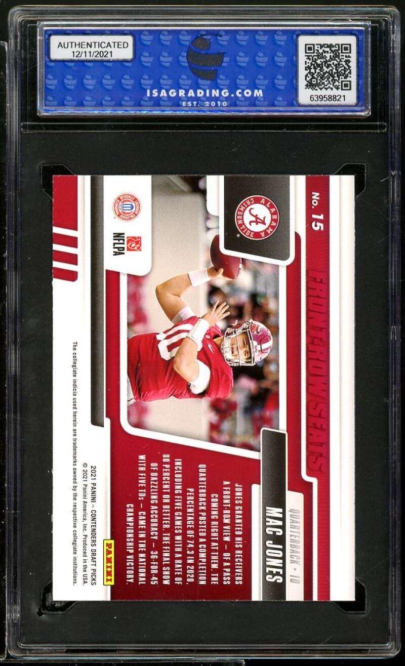 Mac Jones Rookie Card 2021 Panini Contenders D.P. Front Row Red #15 ISA 9 MINT Image 2
