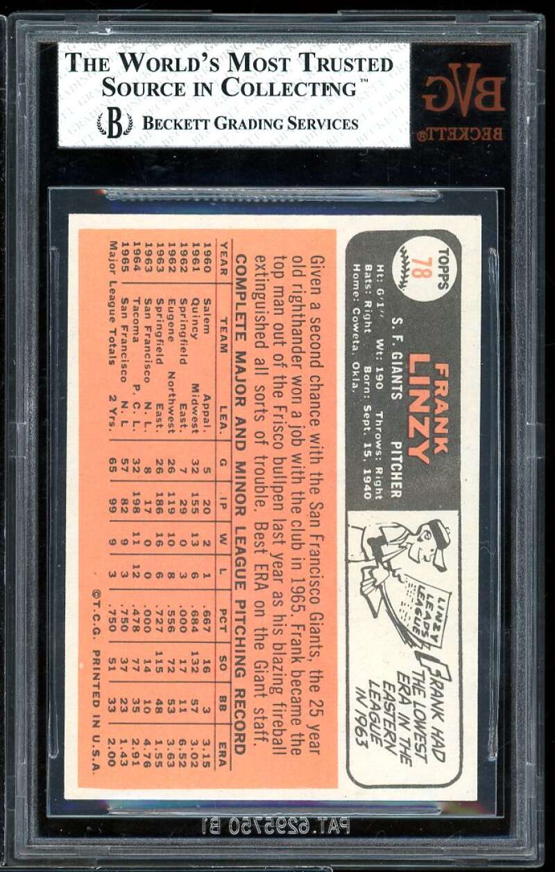 Frank Linzy Card 1966 Topps #78 BVG BVG 6.5 Image 2