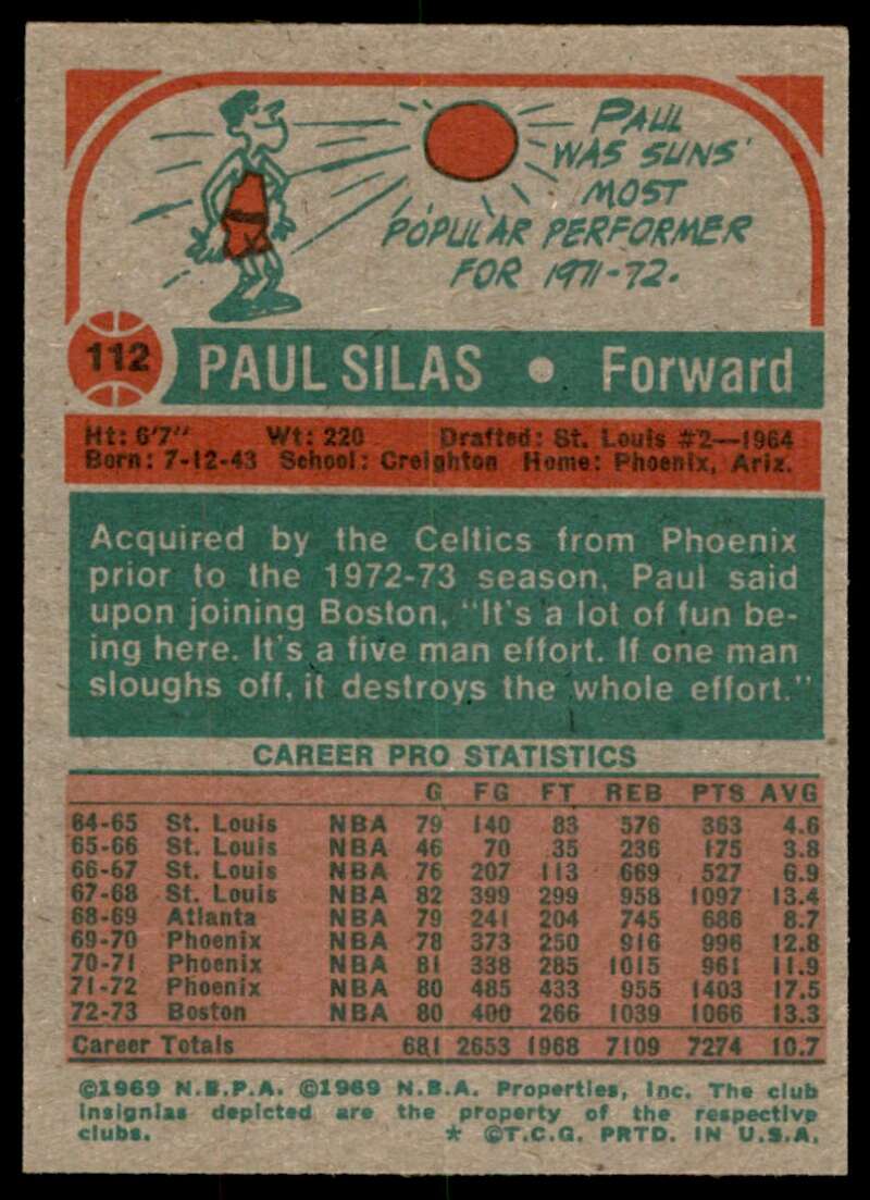 Paul Silas Card 1973-74 Topps #112 Image 2