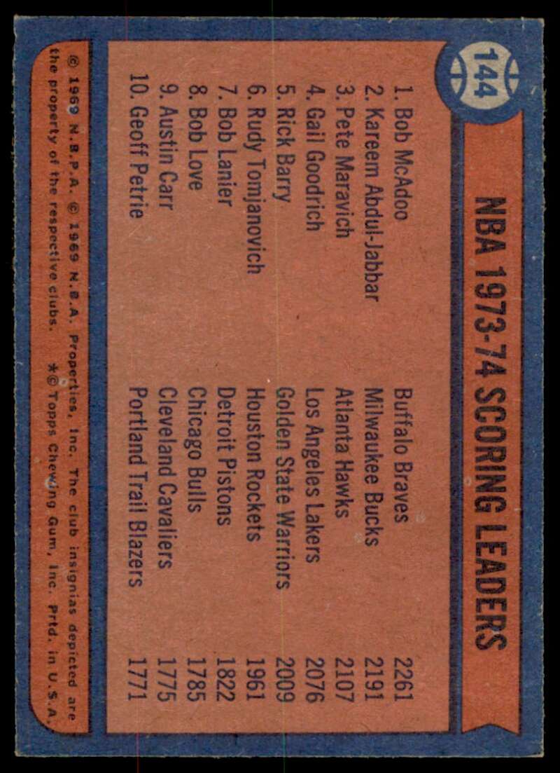 Pete Maravich/Bob McAdoo/Kareem Abdul-Jabbar Leader Card 1974-75 Topps #144 Image 2