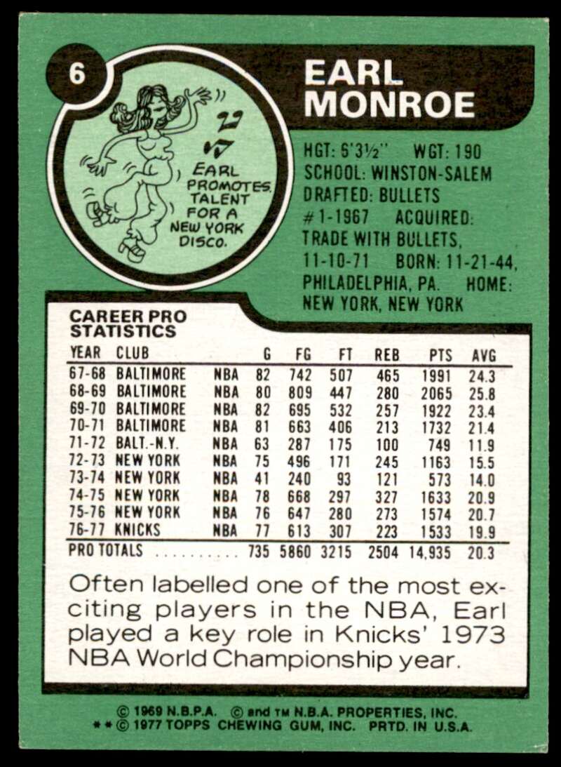 Earl Monroe Card 1977-78 Topps #6 Image 2