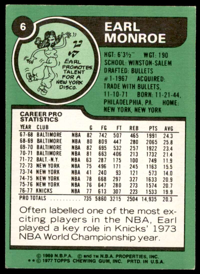 Earl Monroe Card 1977-78 Topps #6 Image 2