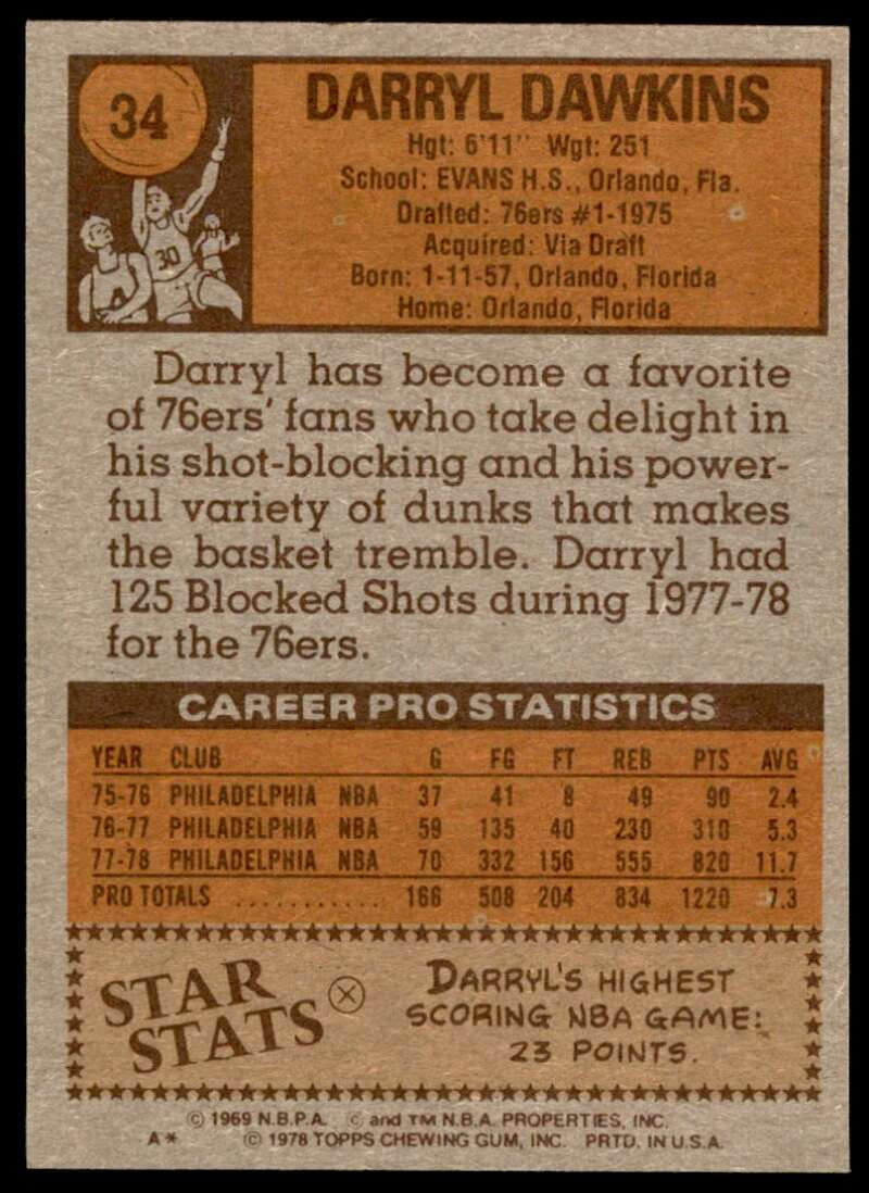 Darryl Dawkins Card 1978-79 Topps #34 Image 2