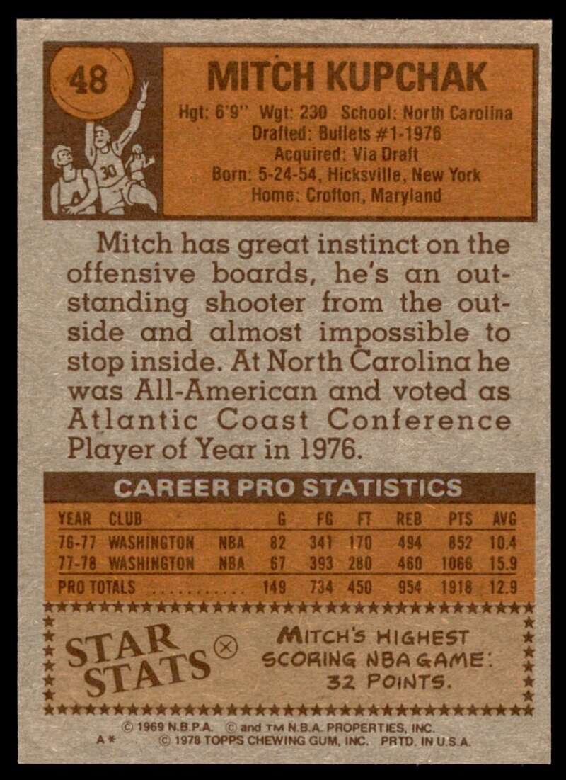 Mitch Kupchak Card 1978-79 Topps #48 Image 2