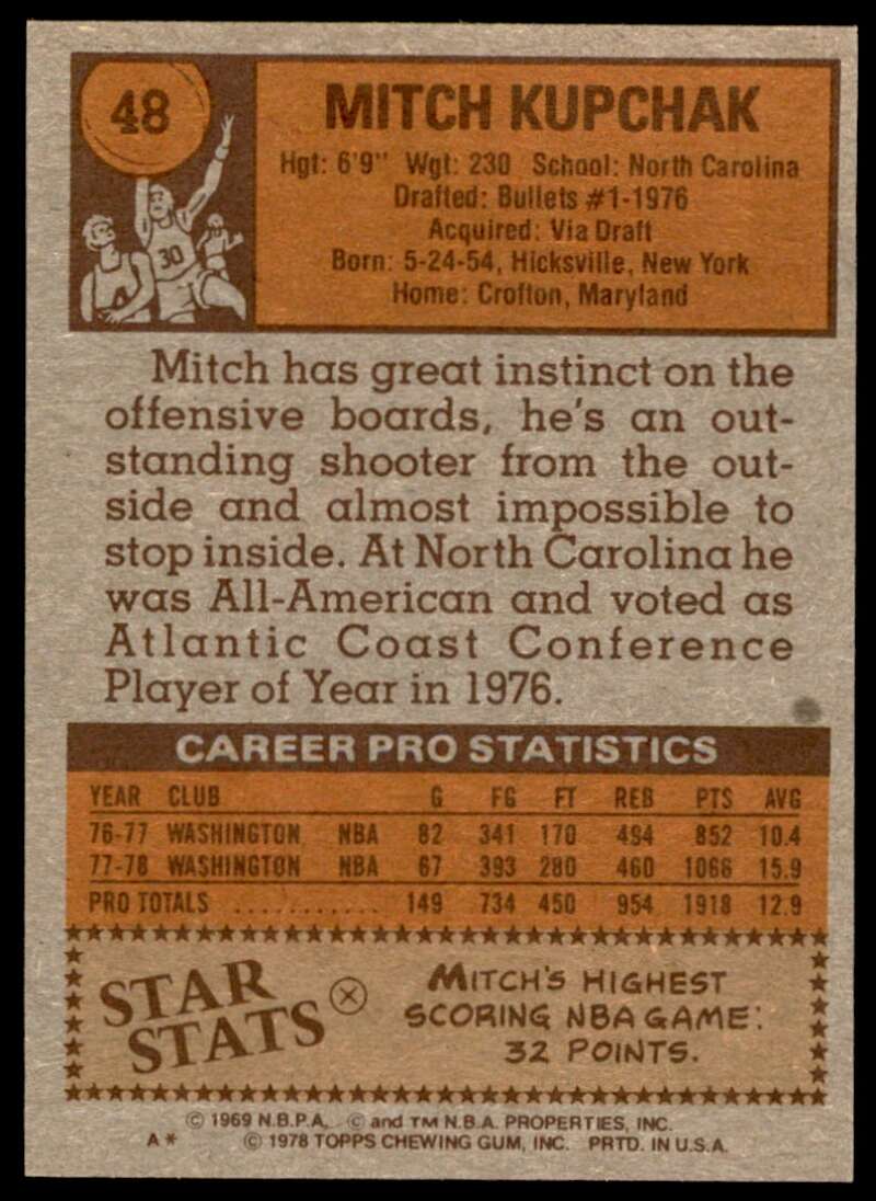 Mitch Kupchak Card 1978-79 Topps #48 Image 2