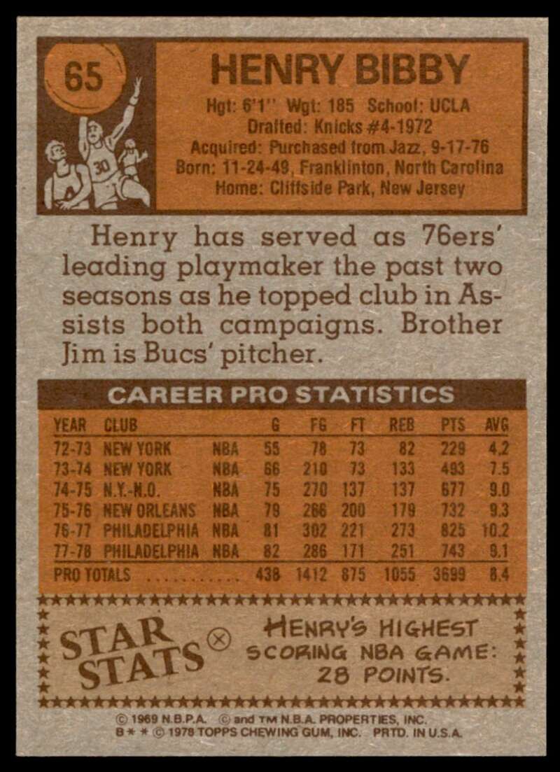 Henry Bibby Card 1978-79 Topps #65 Image 2