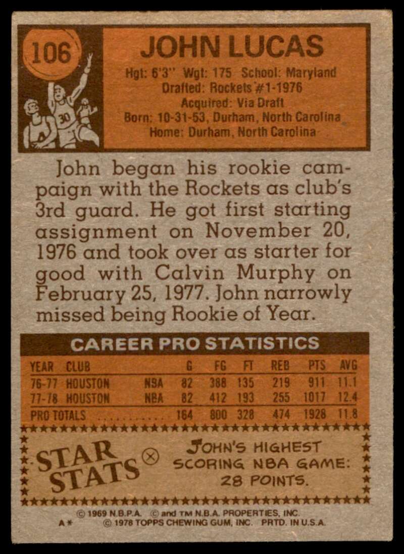 John Lucas Card 1978-79 Topps #106 Image 2