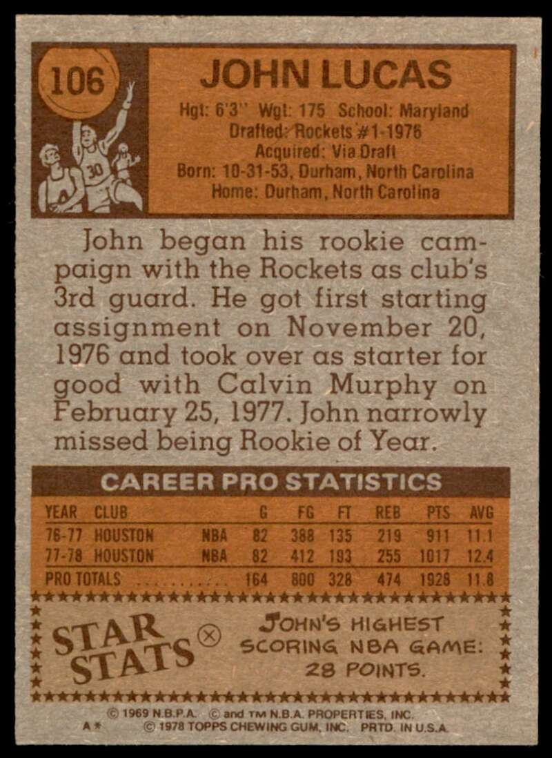 John Lucas Card 1978-79 Topps #106 Image 2