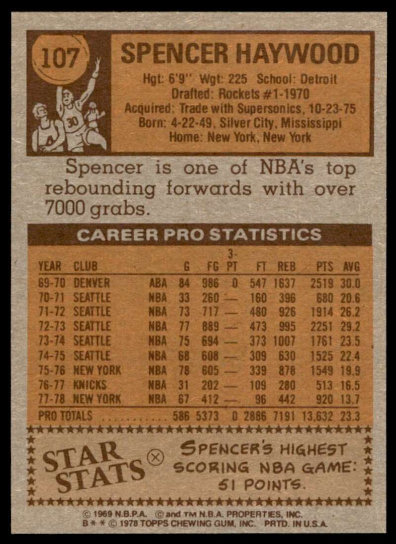 Spencer Haywood Card 1978-79 Topps #107 Image 2