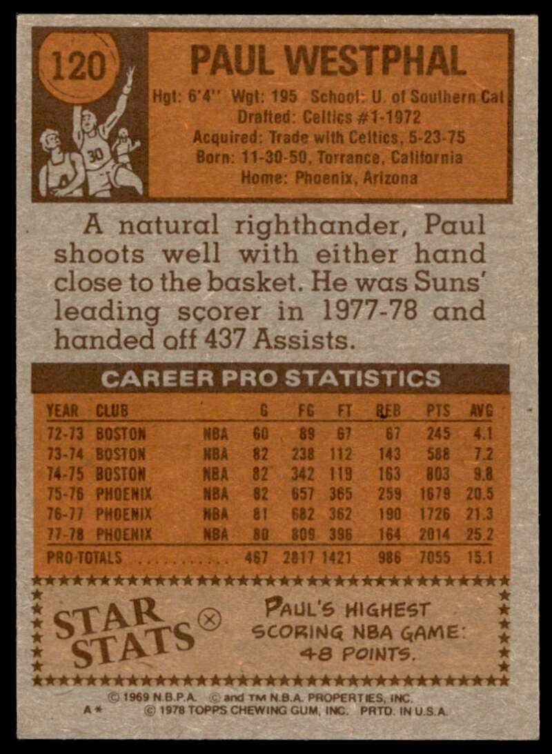 Paul Westphal Card 1978-79 Topps #120 Image 2