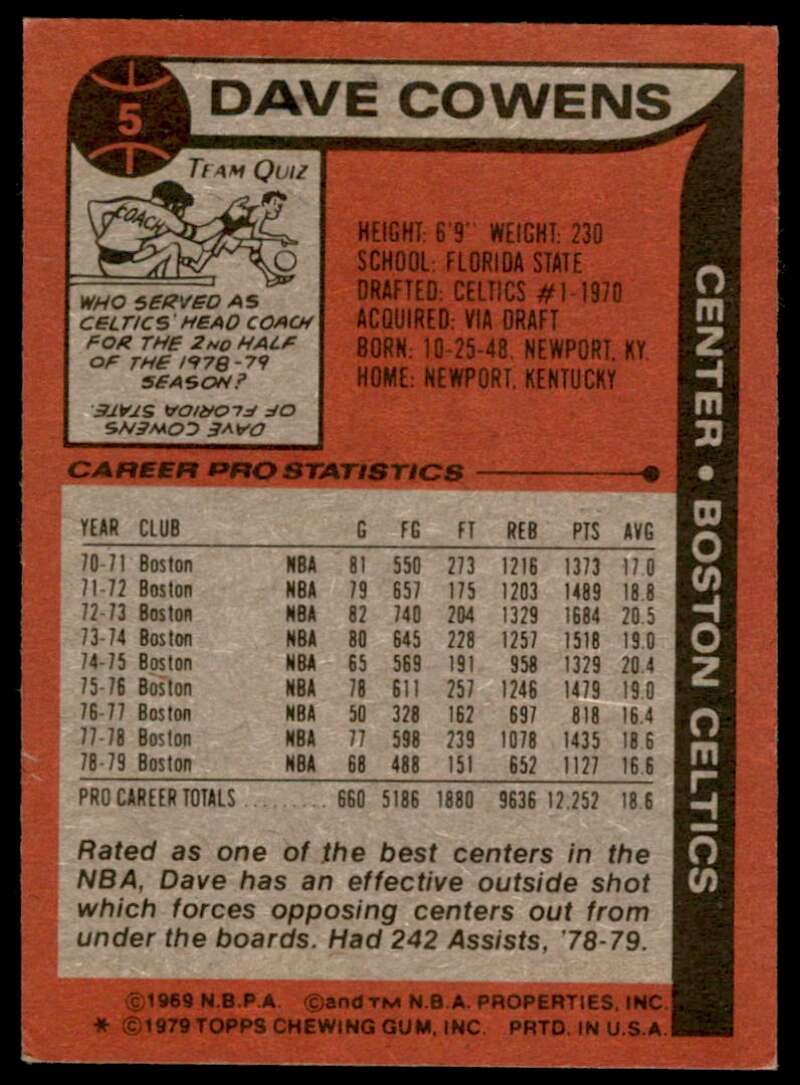 Dave Cowens Card 1979-80 Topps #5 Image 2