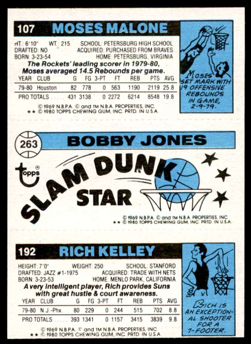 Rich Kelley Bobby Jones SD Moses Malone Card 1980-81 Topps #159 Image 2