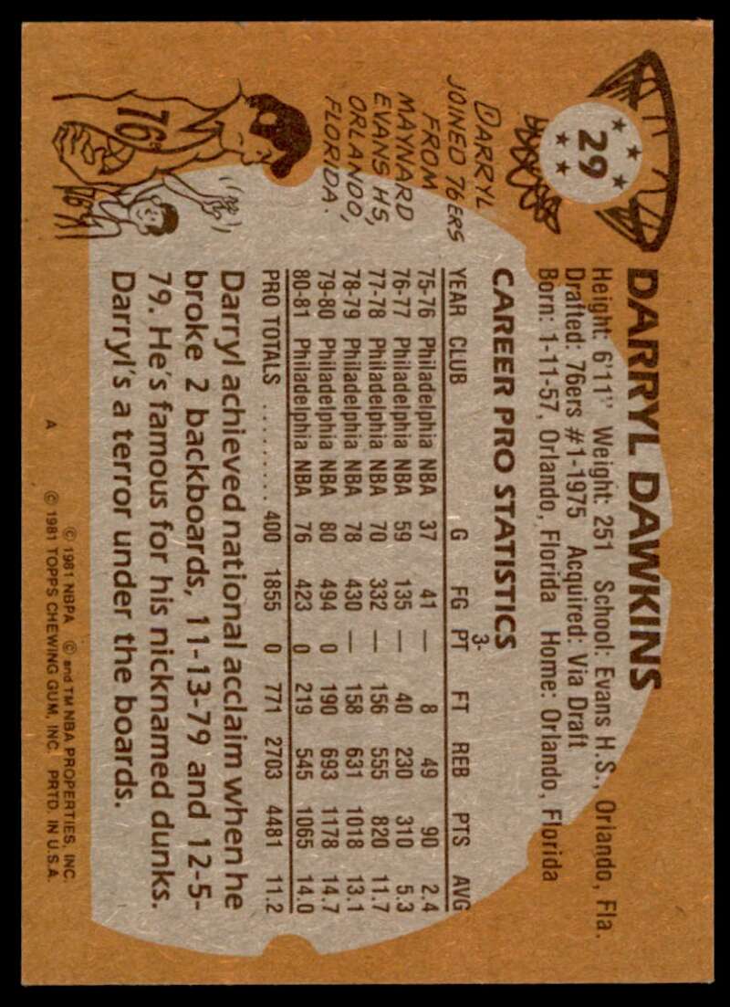 Darryl Dawkins Card 1981-82 Topps #29 Image 2