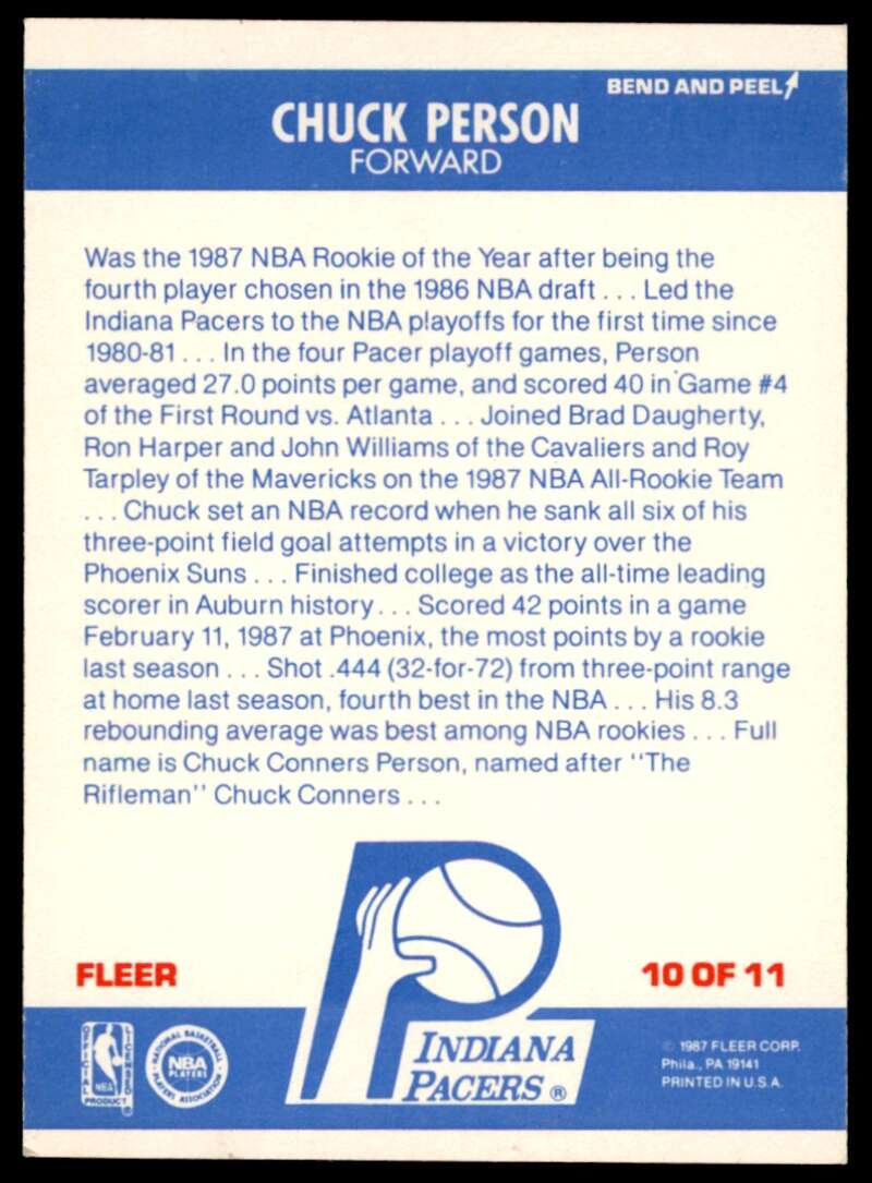 Chuck Person Card 1987-88 Fleer Stickers #10 Image 2