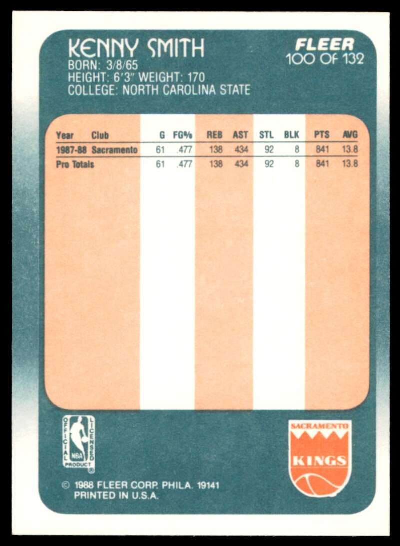 Kenny Smith Rookie Card 1988-89 Fleer #100 Image 2