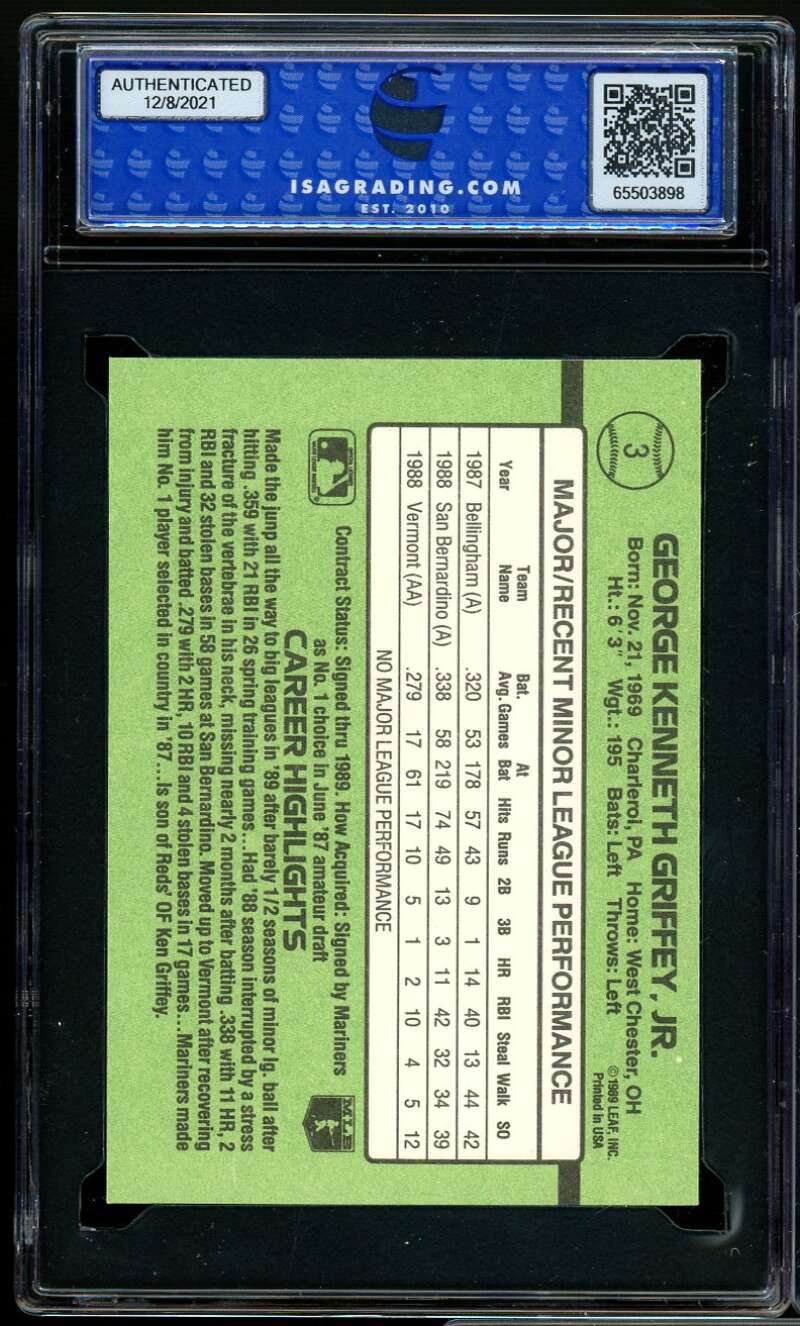 Ken Griffey Jr Rookie Card 1989 Donruss The Rookies #3 ISA 10 GEM MT Image 2