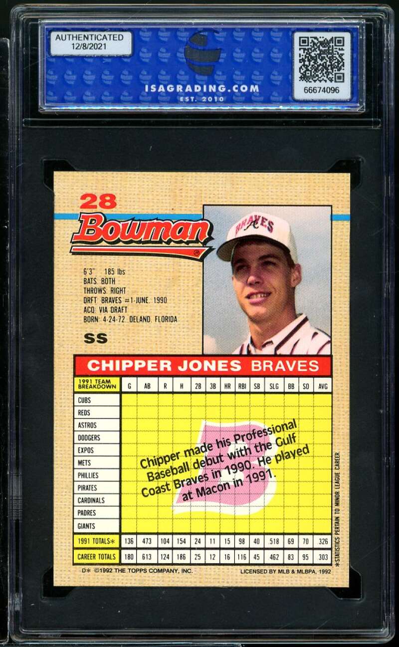 Chipper Jones Card 1992 Bowman #28 ISA 9 MINT Image 2