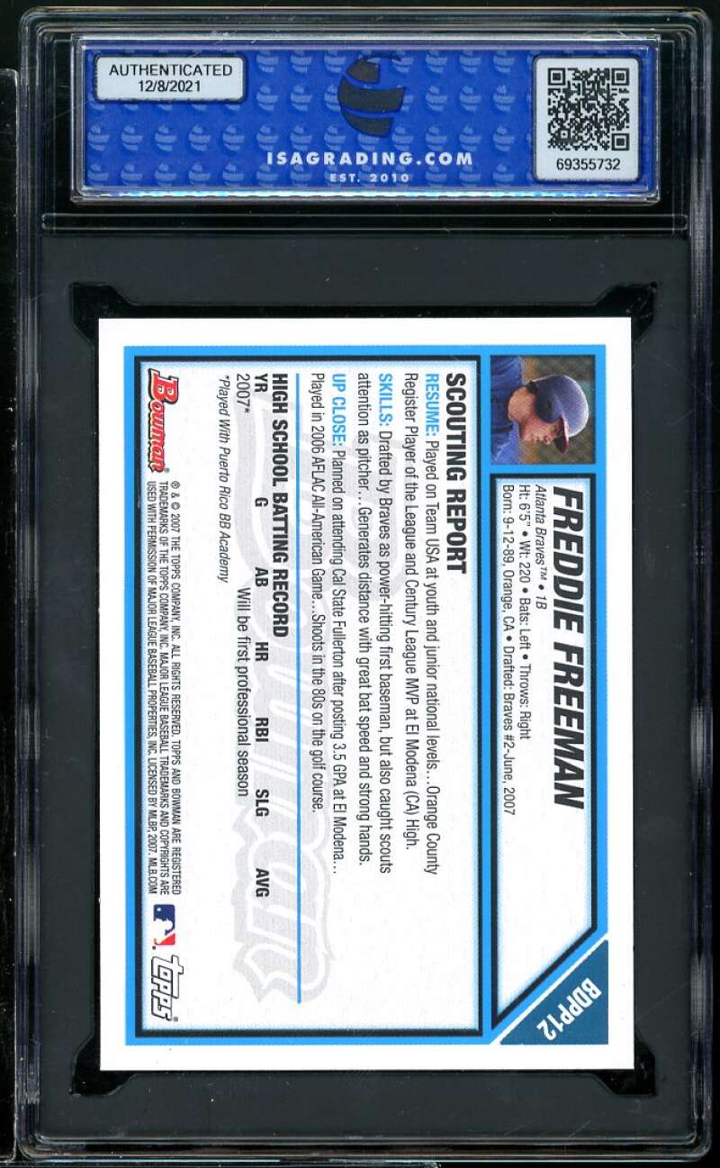 Freddie Freeman Rookie 2007 Bowman Draft Picks n Prospects #BDPP12 ISA 10 MINT Image 2