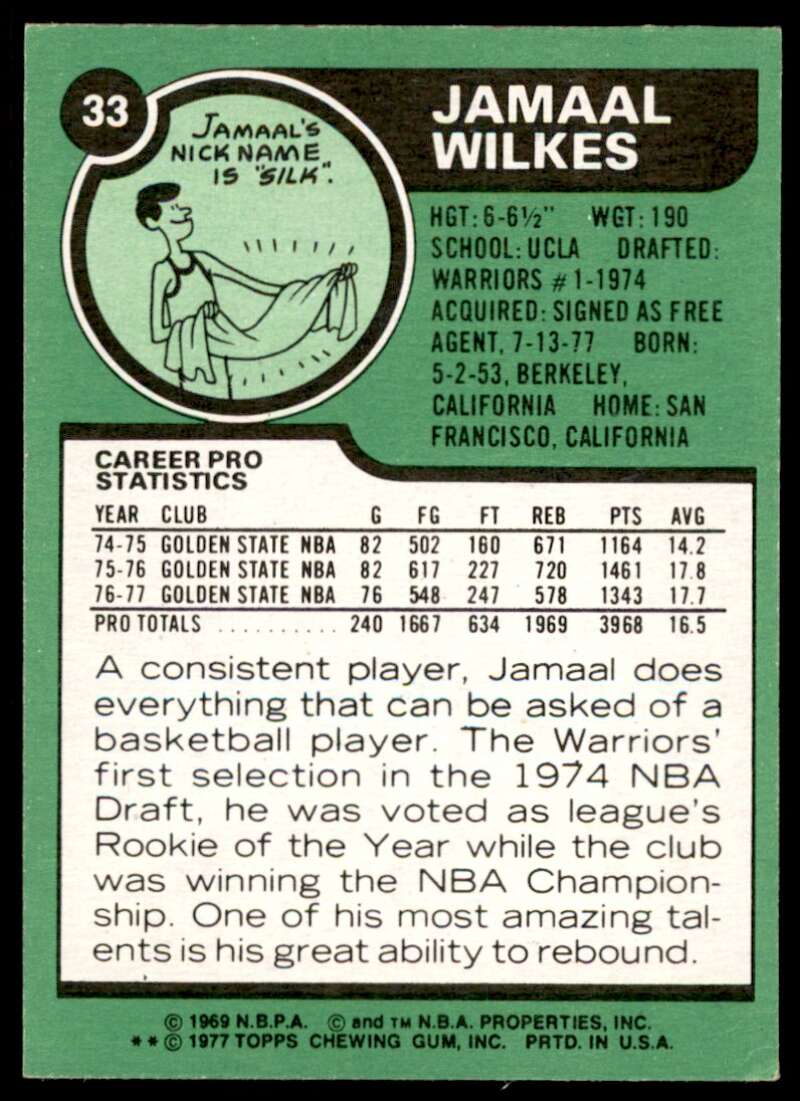 Jamaal Wilkes Card 1977-78 Topps #33 Image 2