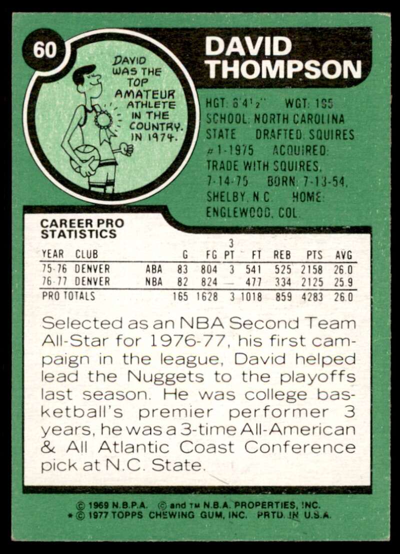 David Thompson Card 1977-78 Topps #60 Image 2