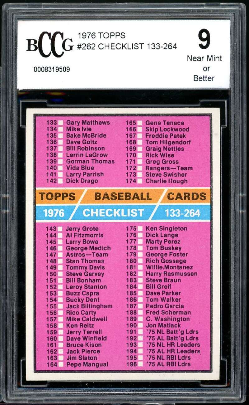 Checklist 133-264 Card 1976 Topps #262 BGS BCCG 9 Image 1