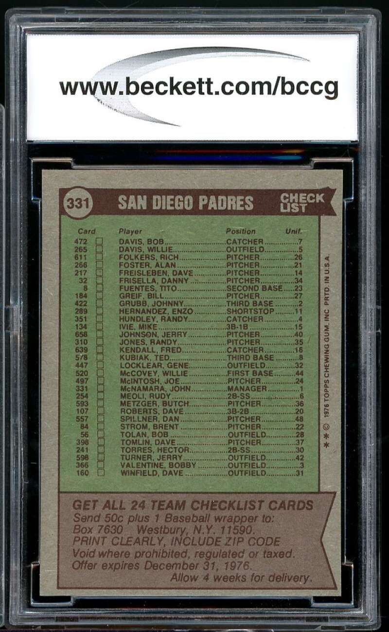 San Diego Padres - John McNamara Team Card 1976 Topps #331 BGS BCCG 9 Image 2