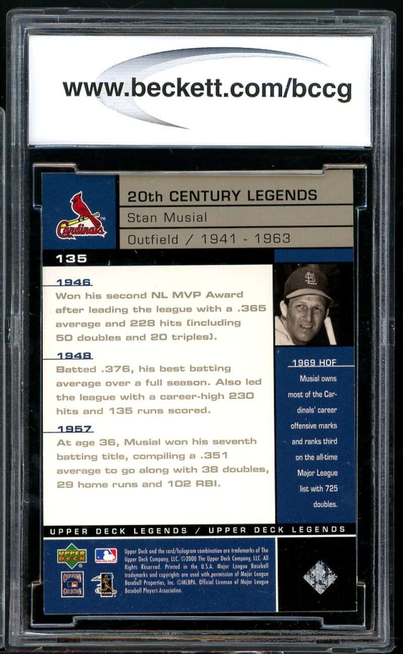 Stan Musial Card 2000 Upper Deck Legends #135 BGS BCCG 10 Image 2