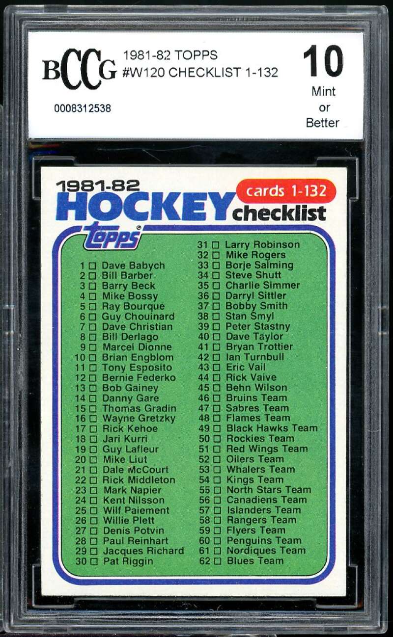 Checklist 1-132 Card 1981-82 Topps #W120 BGS BCCG 10 Image 1