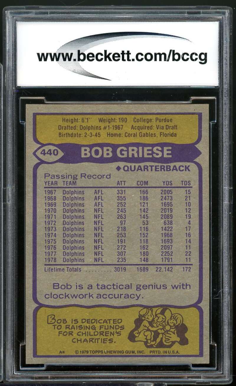 Bob Griese Card 1979 Topps #440 BGS BCCG 9 Image 2