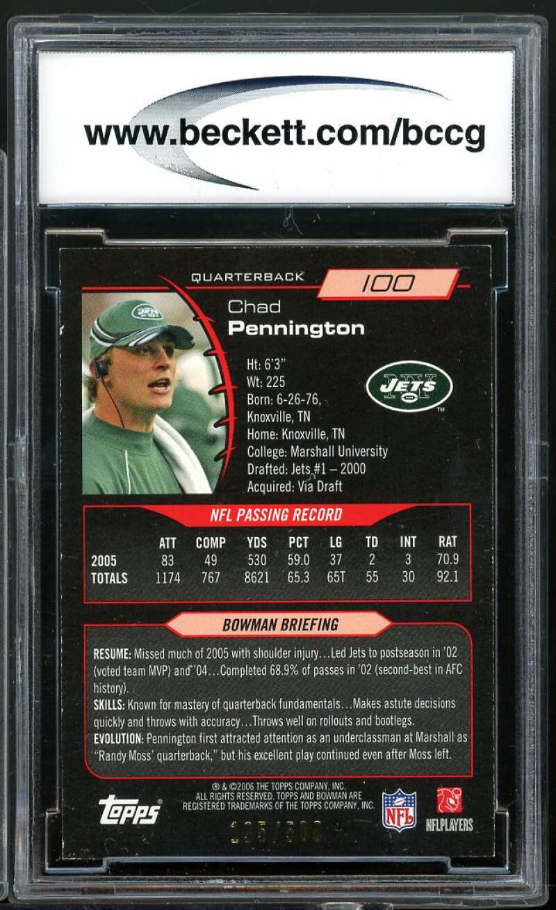 Chad Pennington Card 2006 Bowman Blue #100 BGS BCCG 9 Image 2