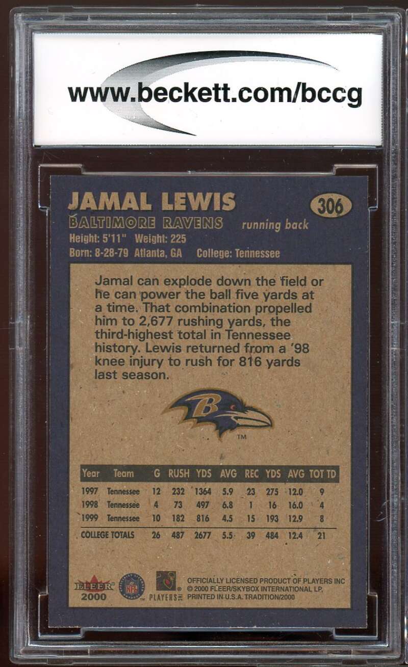 Jamal Lewis Rookie Card 2000 Fleer Tradition #306 BGS BCCG 9 Image 2