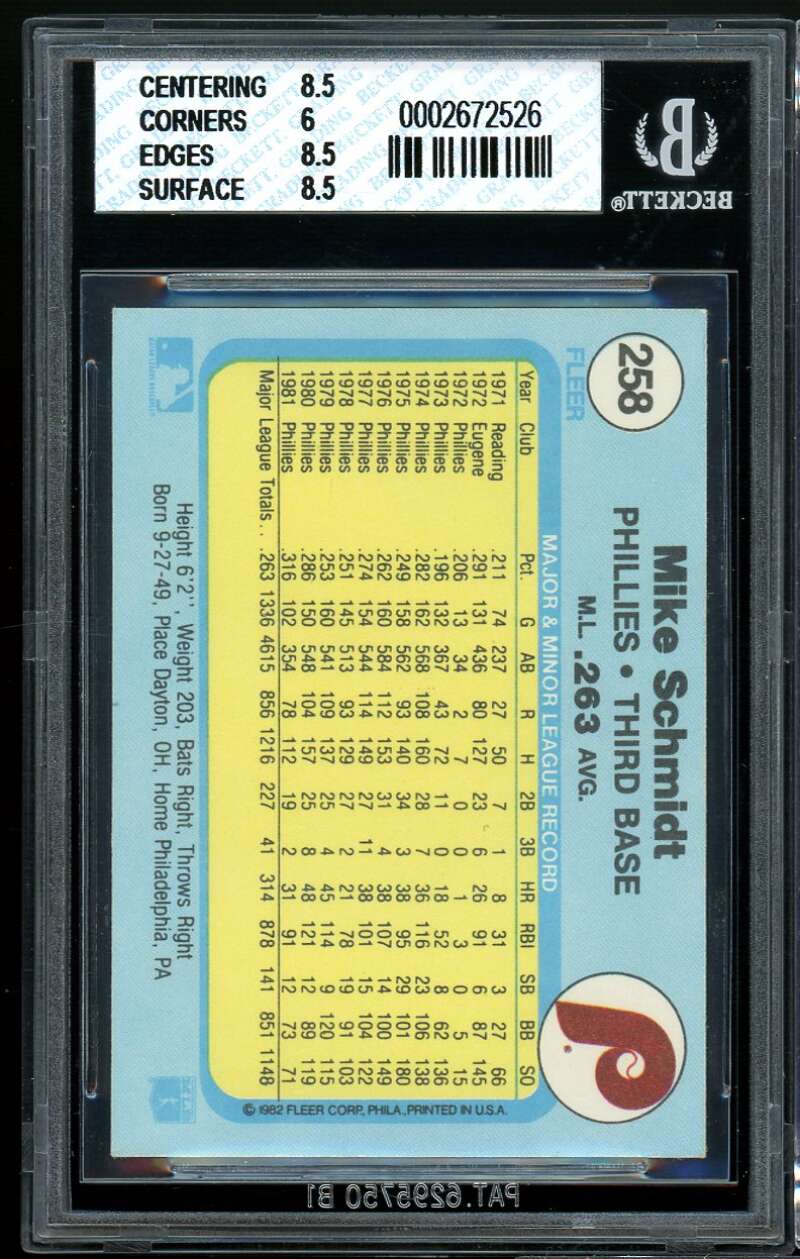 Mike Schmidt Card 1982 Fleer #258 BGS 6.5 (8.5 6 8.5 8.5) Image 2