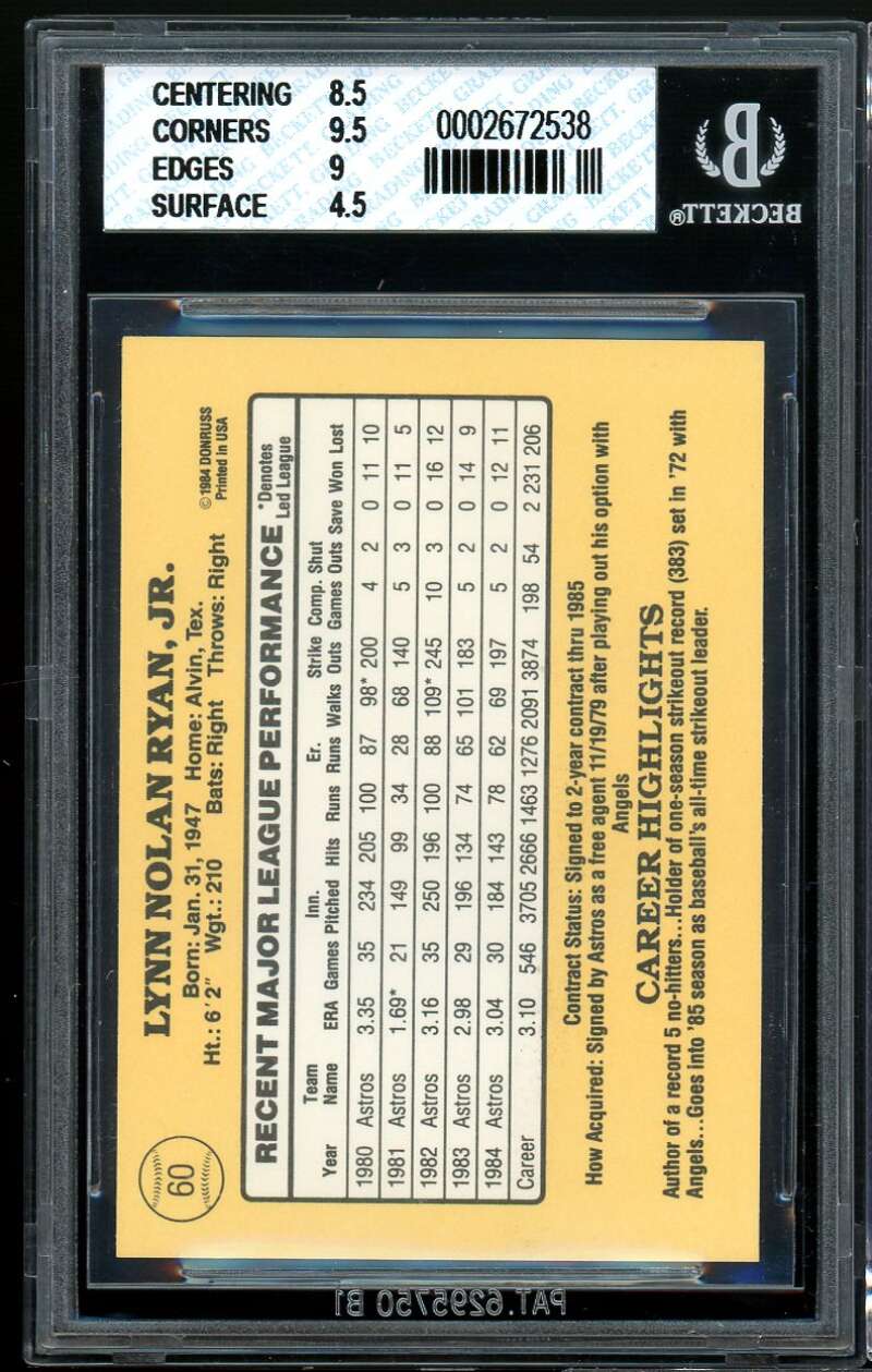 Nolan Ryan Card 1985 Donruss #60 BGS 5.5 (8.5 9.5 9 4.5) Image 2