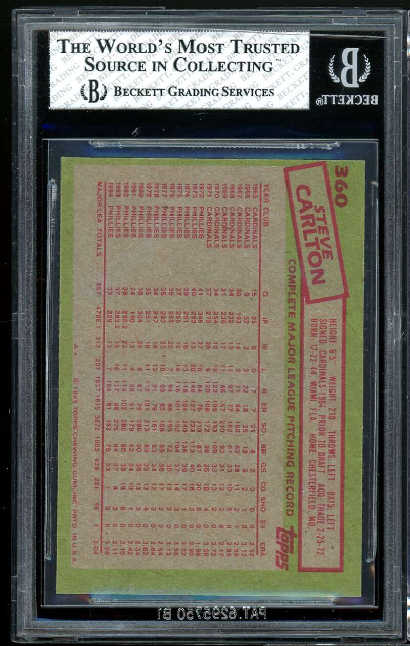 Steve Carlton Card 1985 Topps #360 BGS 6.5 (6 8 9 8) Image 2