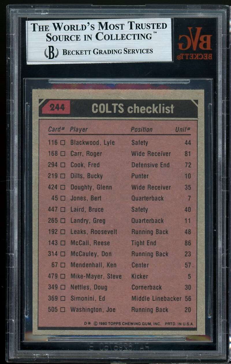 Baltimore Colts Checklist Card 1980 Joe Washington / Fred Cook #244 BGS BVG 8.5 Image 2