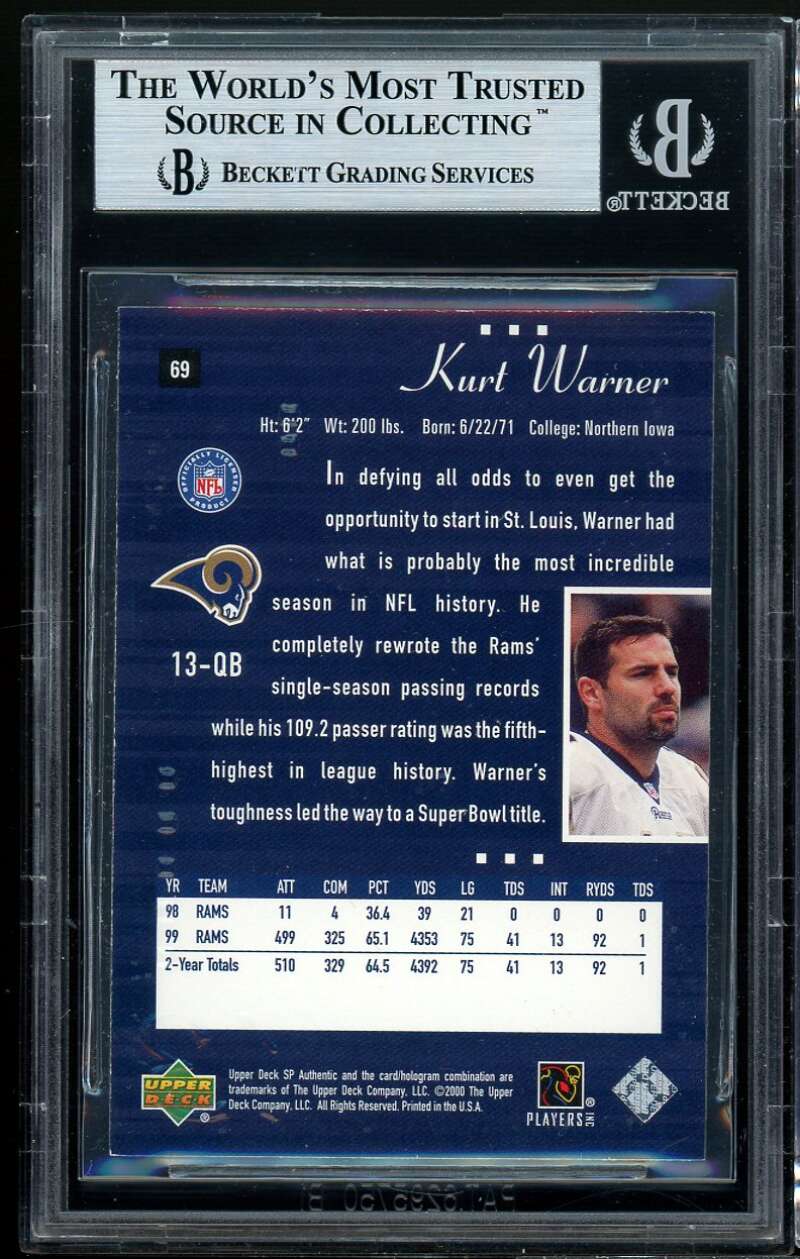 Kurt Warner Card 2000 SP Authentic #69 BGS 9 (10 8.5 9 9.5) Image 2