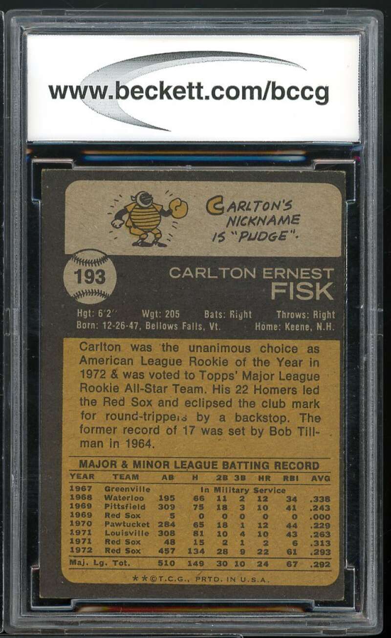 1973 Topps #193 Carlton Fisk Card BGS BCCG 9 Near Mint+ Image 2