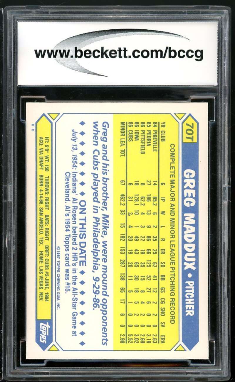 1987 Topps Traded #70T Greg Maddux Rookie Card BGS BCCG 10 Mint+ Image 2