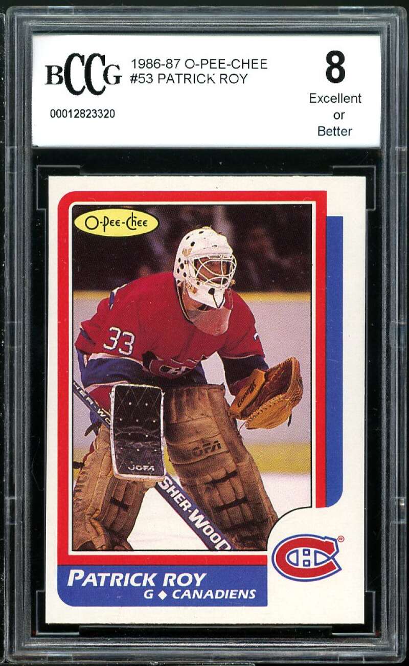 1986-87 O-Pee-Chee #53 Patrick Roy Rookie Card BGS BCCG 8 Excellent+ Image 1