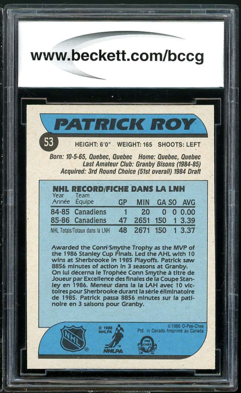 1986-87 O-Pee-Chee #53 Patrick Roy Rookie Card BGS BCCG 8 Excellent+ Image 2