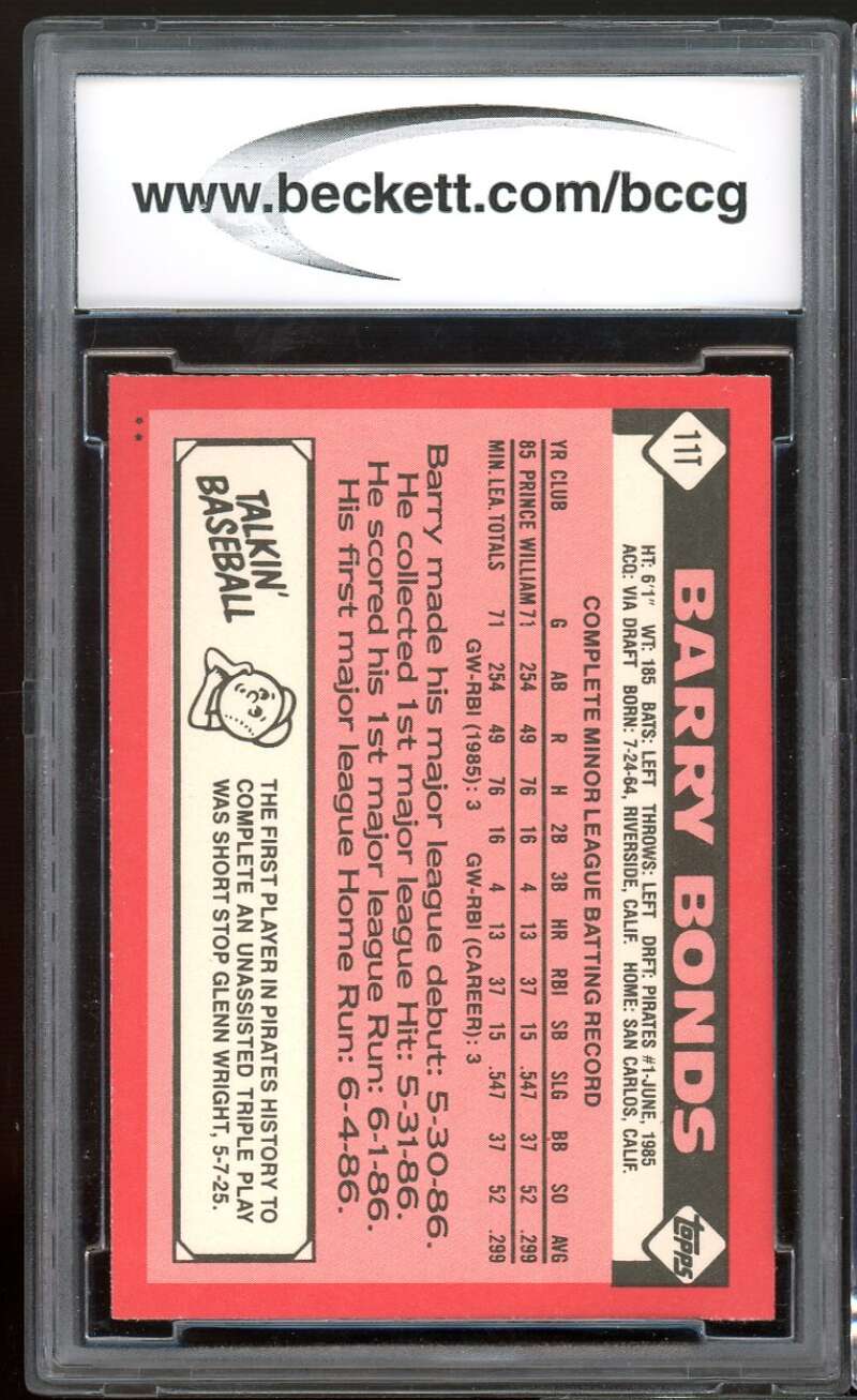 1986 Topps Traded #11T Barry Bonds Rookie Card BGS BCCG 9 Near Mint+ Image 2