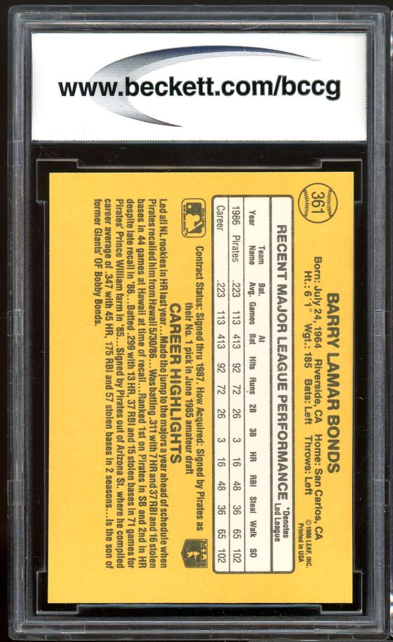 1987 Donruss #361 Barry Bonds Rookie Card BGS BCCG 9 Near Mint+ Image 2