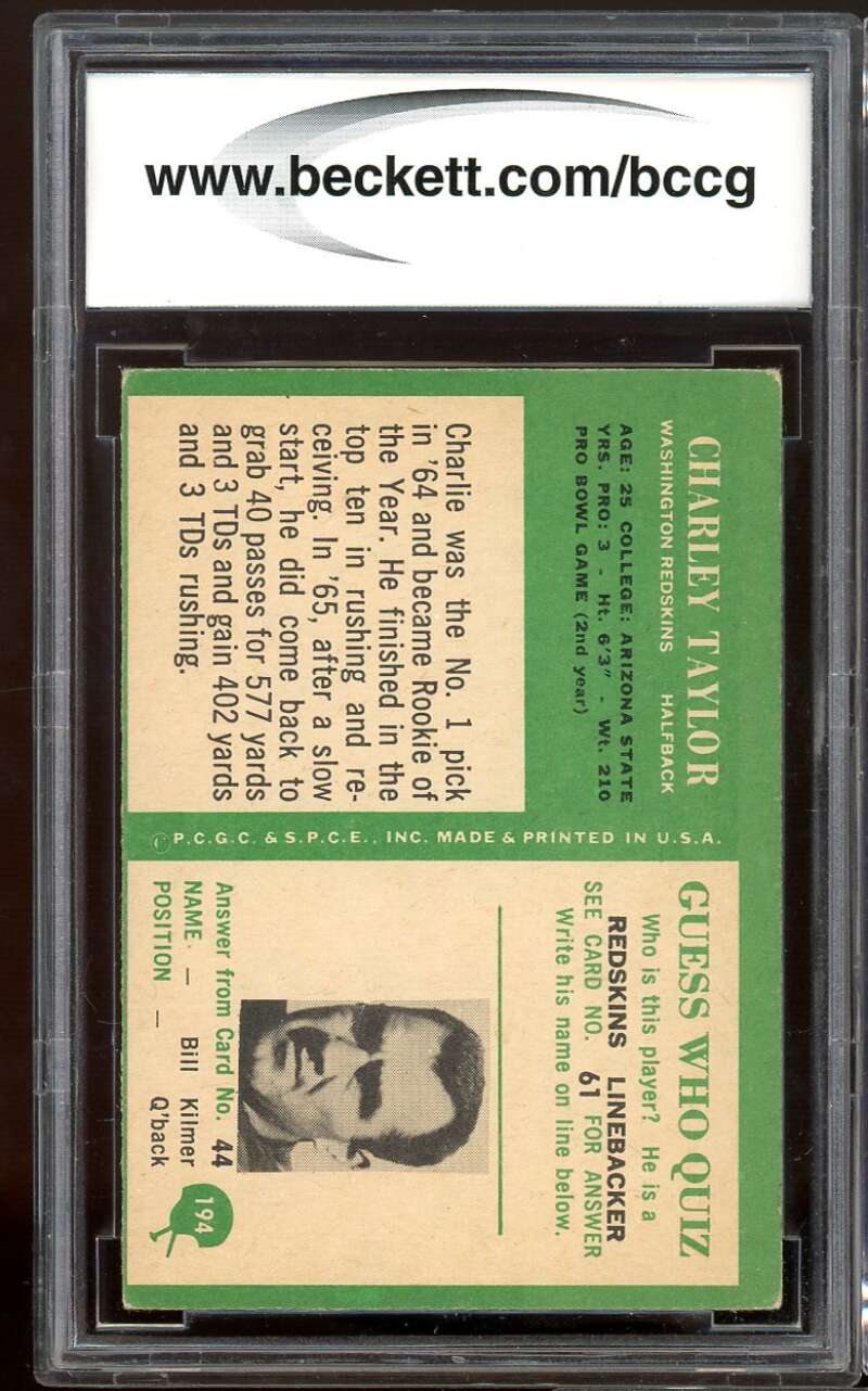 1966 Philadelphia #194 Charley Taylor Card BGS BCCG 8 Excellent+ Image 2