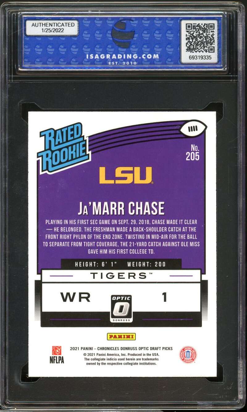 Ja'Marr Chase Rookie Card 2021 Panini Chronicles Donruss Optic #205 ISA 9 MINT Image 2