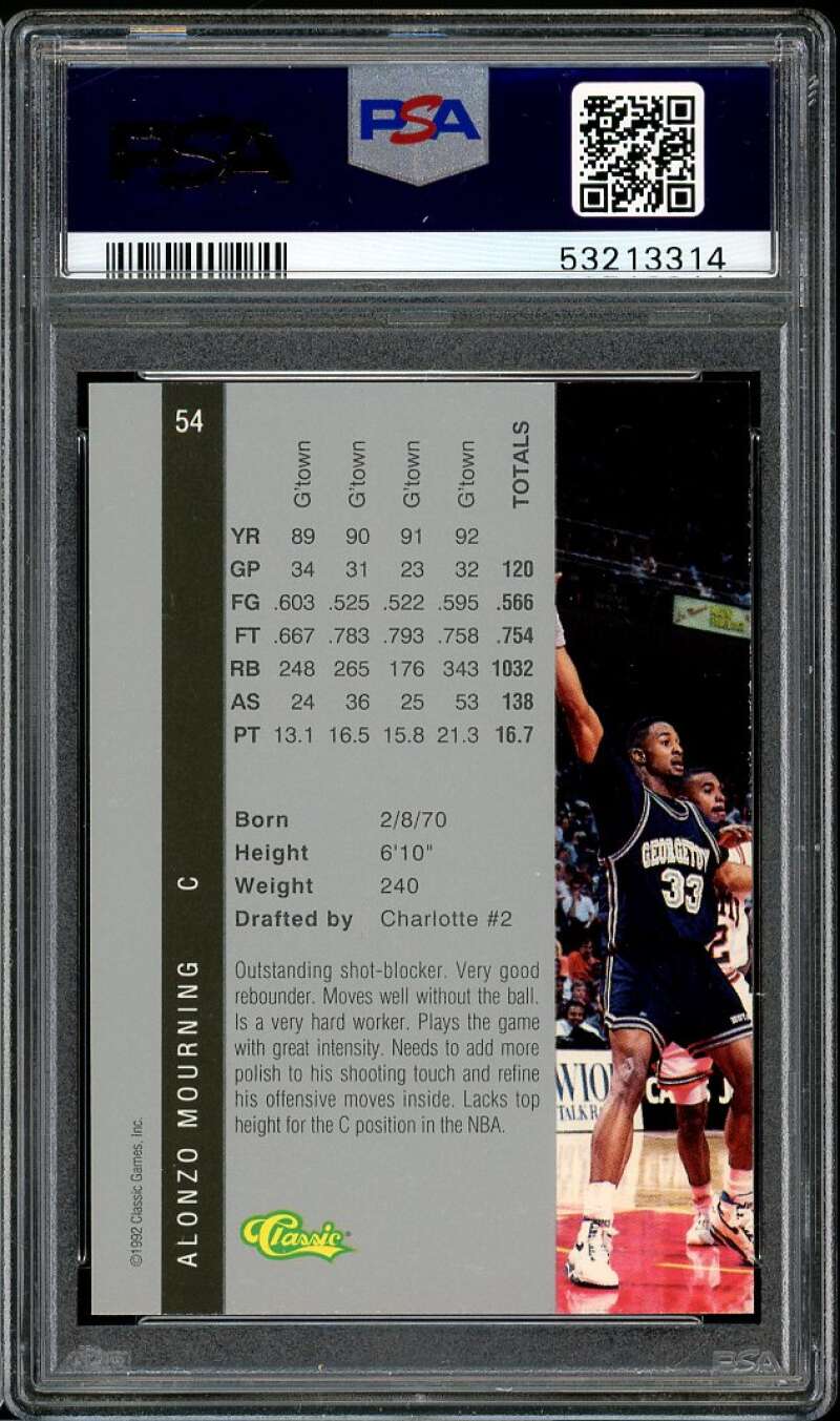 Alonzo Mourning Rookie Card 1992 Classic 4 Sport #54 PSA 9 Image 2