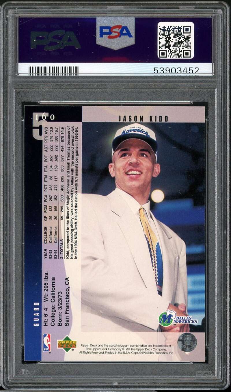 Jason Kidd Rookie Card 1994-95 Upper Deck #160 PSA 8 Image 2