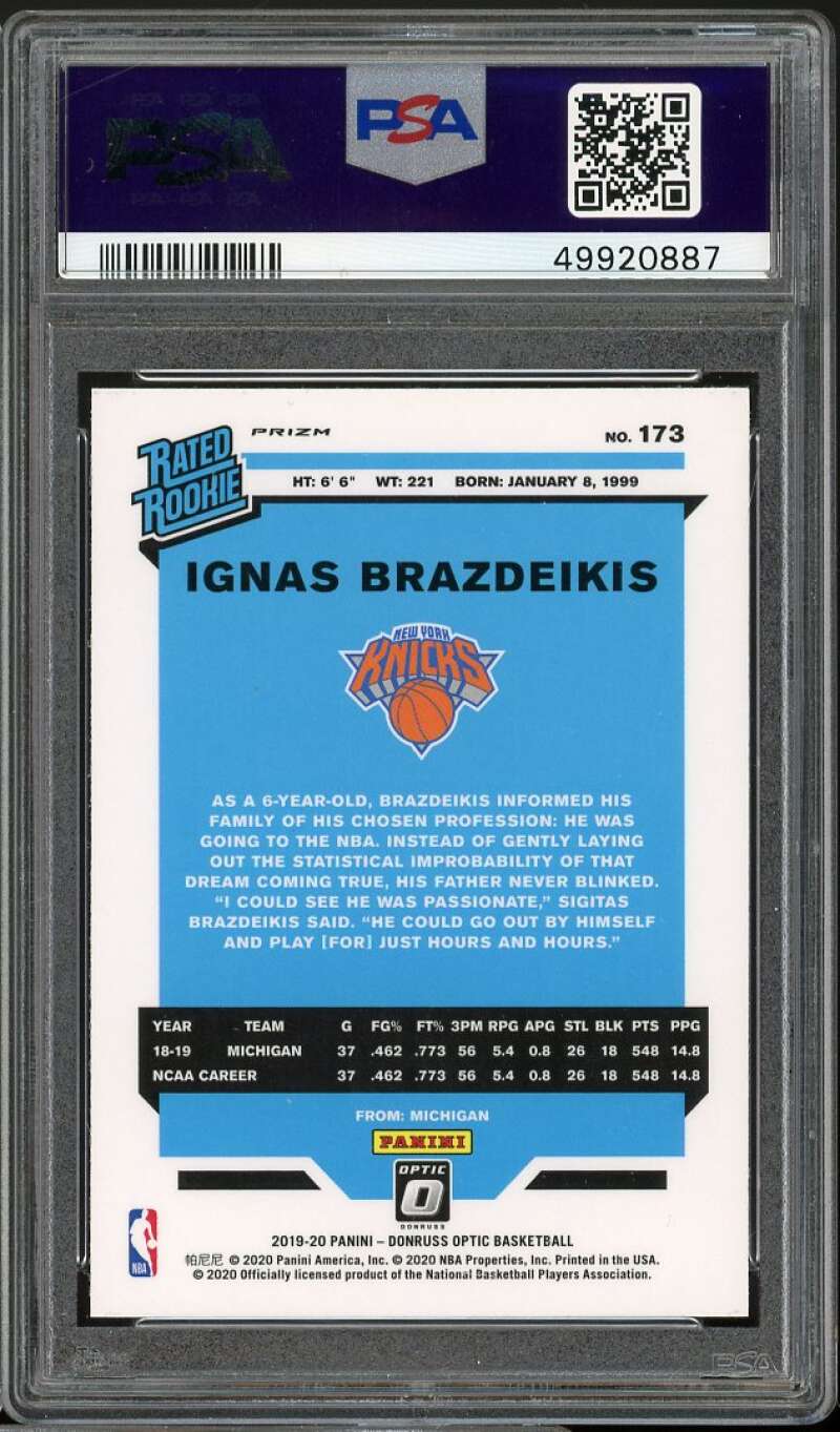 Ignas Brazdeikis Rookie Card 2019-20 Panini Donruss Optic Choice #173 PSA 9 Image 2