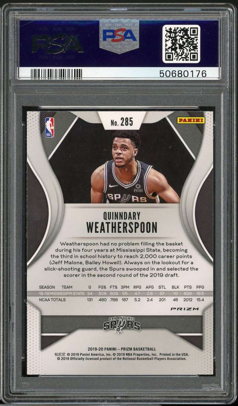 Quinndary Weatherspoon Rookie Card 2019-20 Panini Prizm Silver Prizm #285 PSA 9 Image 2