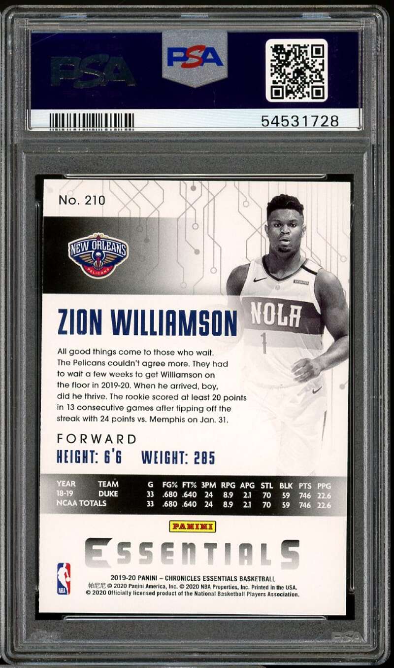 Zion Williamson Rookie Card 2019-20 Panini Chronicles #210 PSA 10 Image 2
